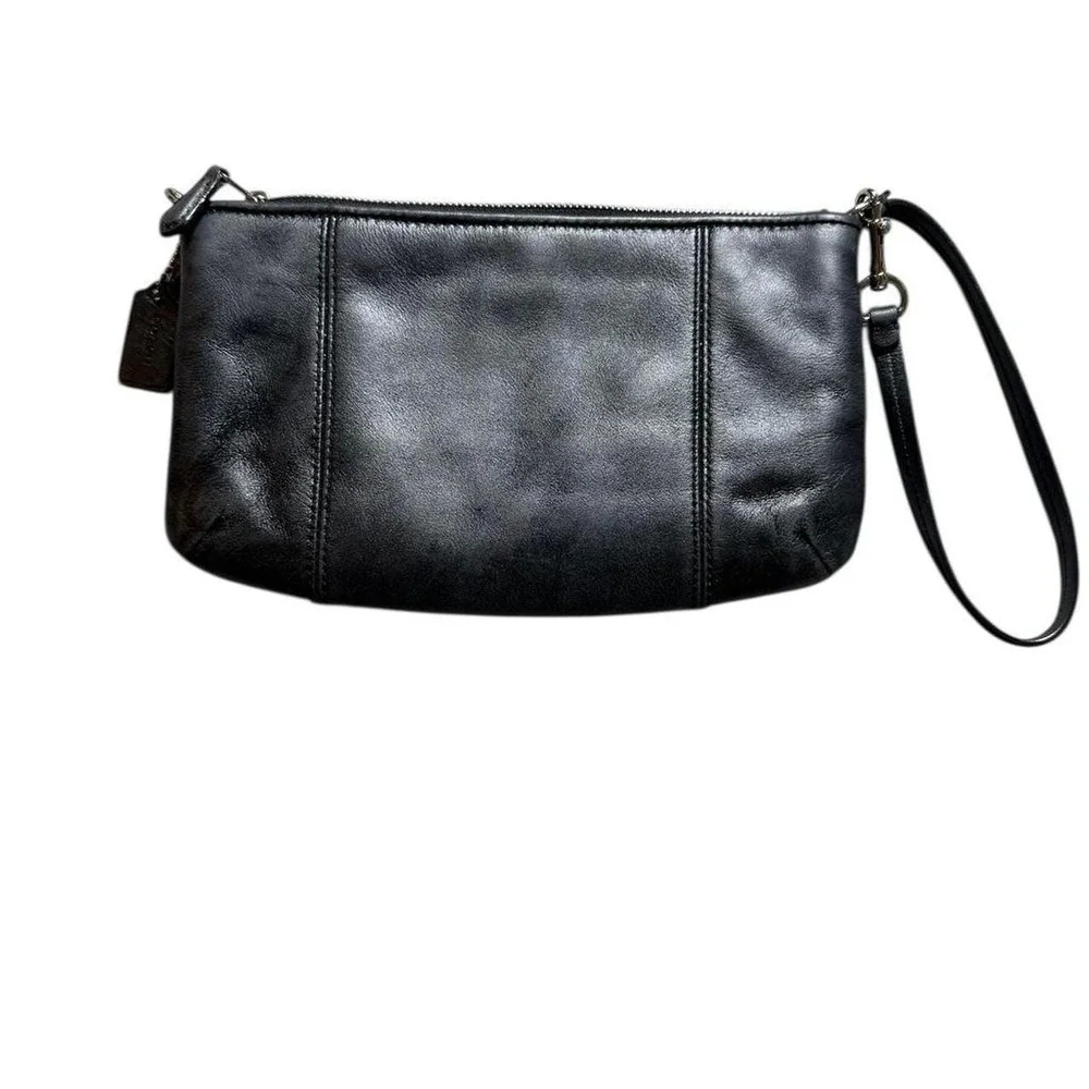 Coach Wristlet Clutch Women Small Black Excellent F52153 Leather‎ Pleated Gold